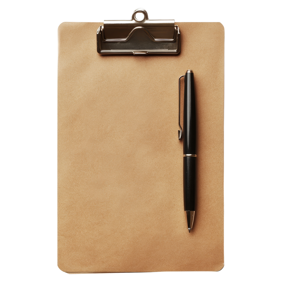 A small brown clipboard with a pen placed on a transparent background ready for notes and organizing tasks, Small brown clipboard with pen. Single clipboardwriting board with papers png