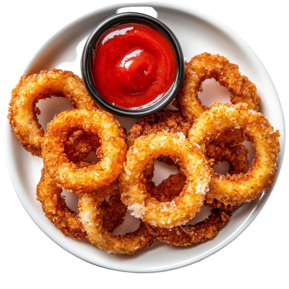 Crispy onion rings served with ketchup in a simple transparent plate on a clean background, onion rings on a plate on transparent background png
