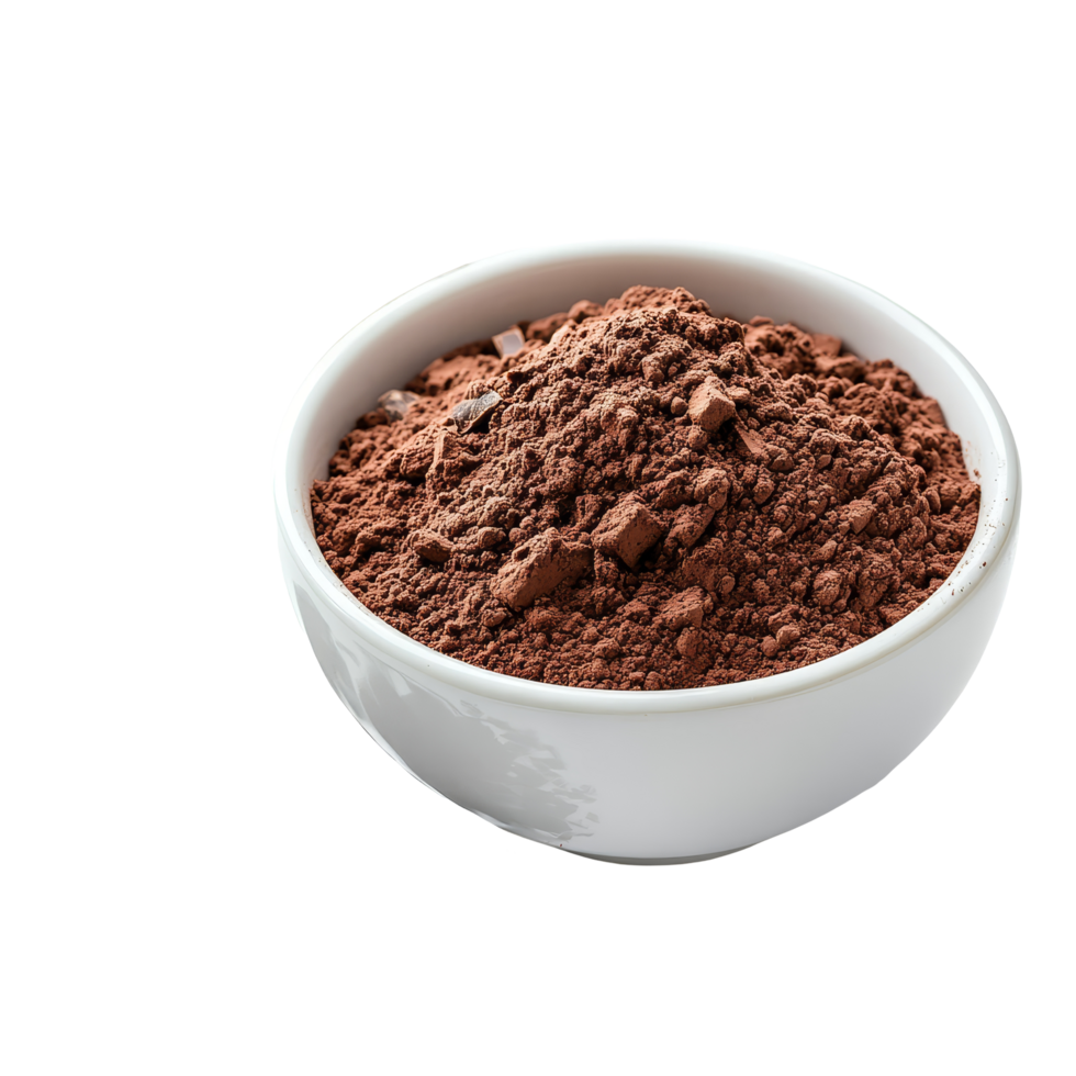 A bowl of rich chocolate powder alongside dark chocolate pieces on a clean transparent surface, Sweet chocolate powder in a transparent bowl on a transparent background png