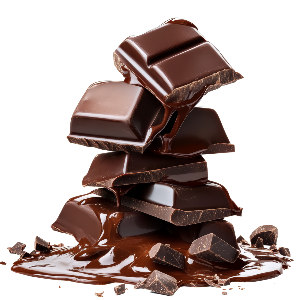 Indulgent liquid chocolate cascading over stacked chocolate bars against a clean transparent background, Liquid Chocolate Cascade High Qualityisolated on transparent background png