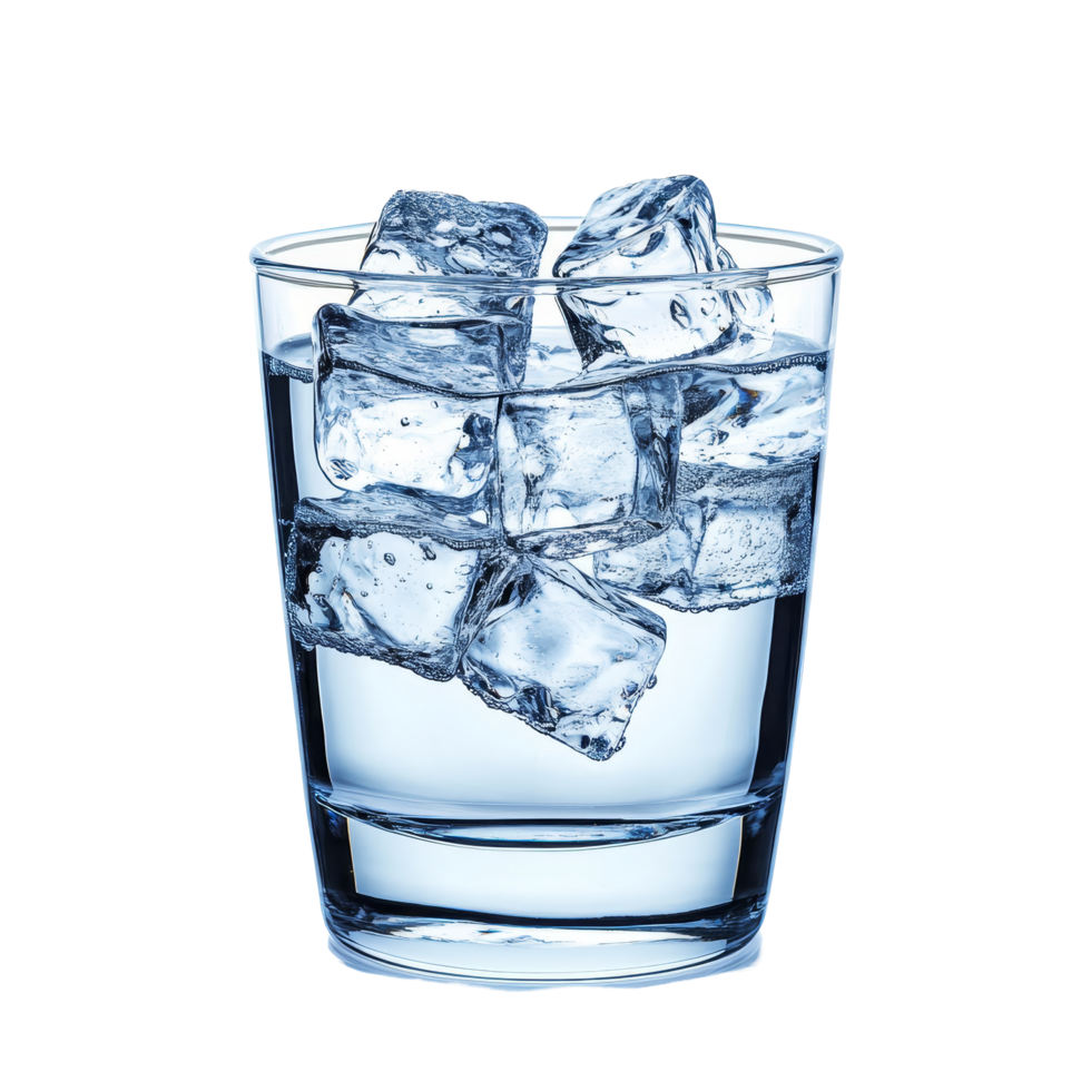 Refreshing glass of water filled with ice cubes on a clean transparent surface for hydration and coolness, Glass of water and ice cubes on transparent background png