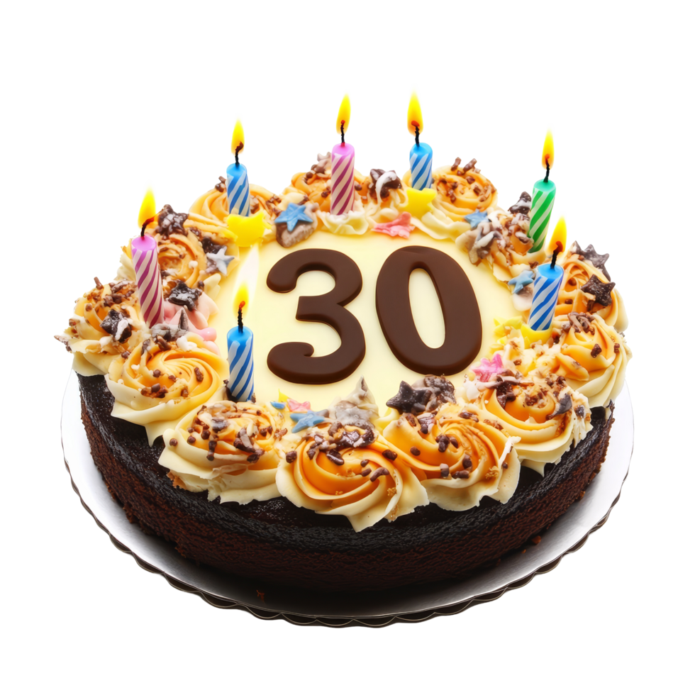 30th birthday cake with candles in Isola transparent style for a special celebration, 30 shaped candle light on happy birthday cake isolated on transparent background, transparent background png