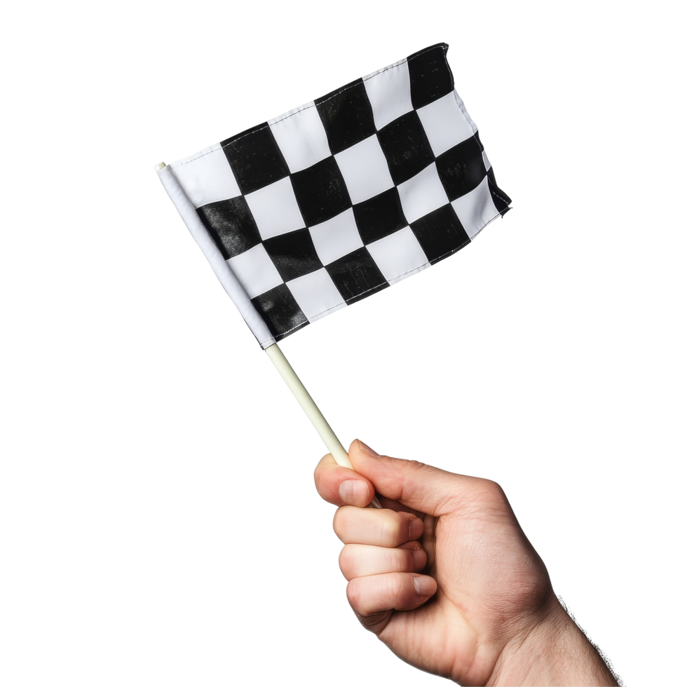 A hand holding a checkered flag on a transparent background signals the end of a race or event, hand holding a checkered flag isolated on transparent background png