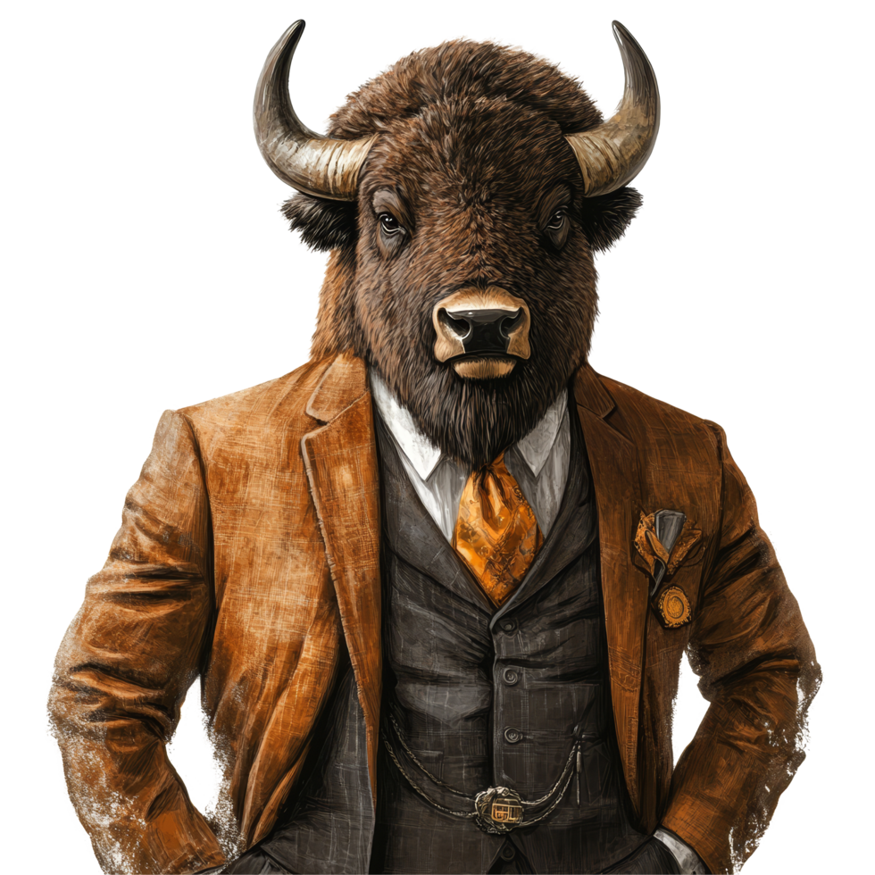 A bison leader in business attire stands confidently against a transparent background, Bison Leader in Business Attire on transparent background png