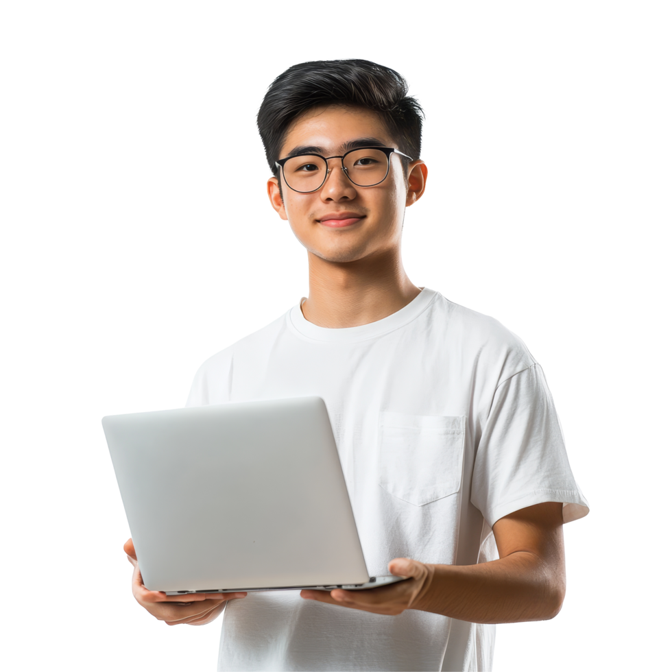 Young Asian man holding laptop while smiling in a studio setting against a transparent background, Young Asian Man with Laptop on transparent background png