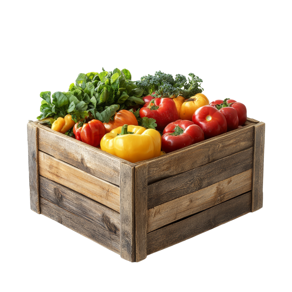 A wooden box filled with fresh vegetables on a transparent background showcasing colorful produce and healthy choices, wooden box with vegetables isolated on transparent background png