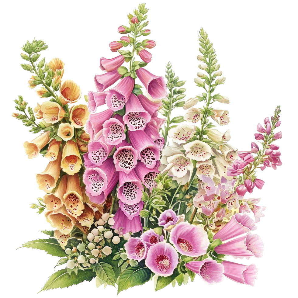 Beautiful foxglove floral bouquets showcasing vibrant colors and delicate transparent accents in a stunning arrangement, foxglove Flowers Floral Bouquets flowers with transparent background png