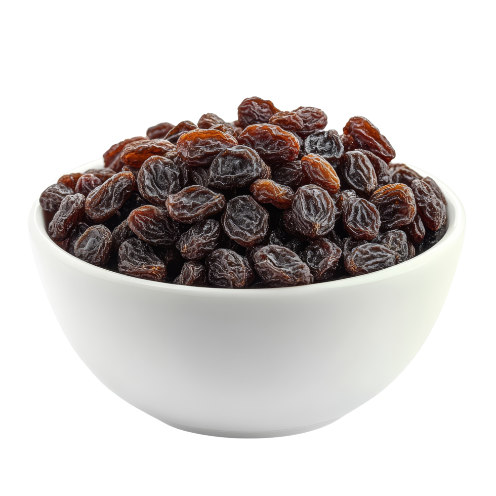 A bowl filled with plump raisins sits isolated against a bright transparent background for a fresh and healthy snack, Raisin in the transparent bowl isolated on transparent background png