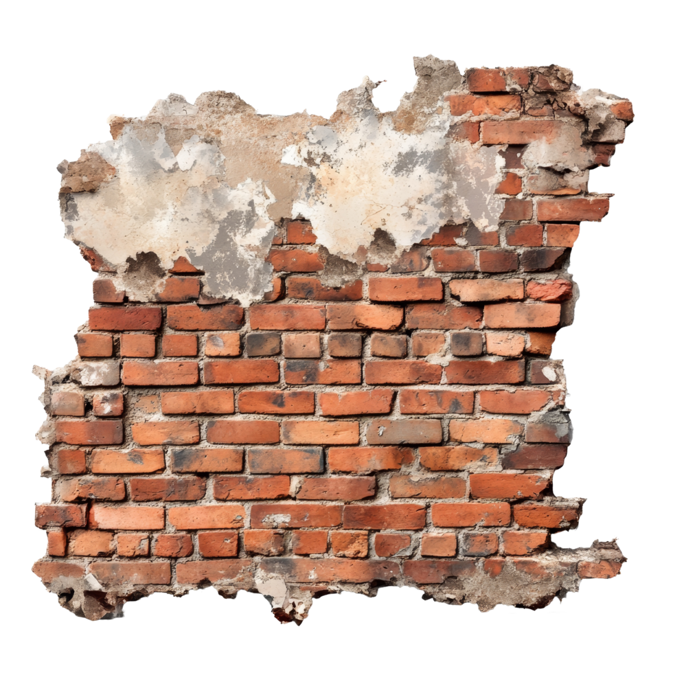 Wardamaged brick wall displays destruction and decay against transparent background, Destroyed Brick Walls by War on Transparent Background png