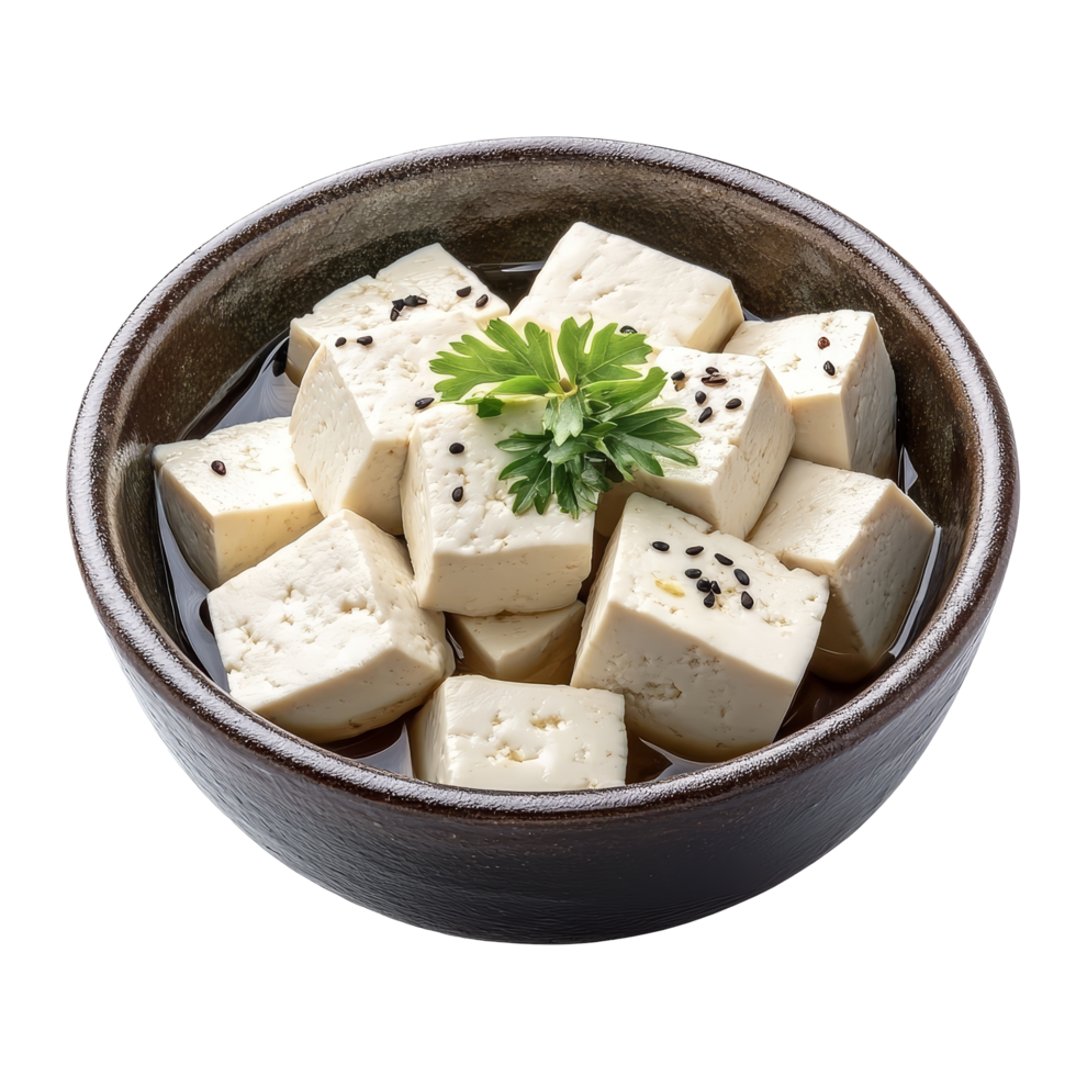 Freshly cut tofu cubes served in a bowl with herbs on a clean transparent background for culinary presentation, Tofu in bowl on transparent background png