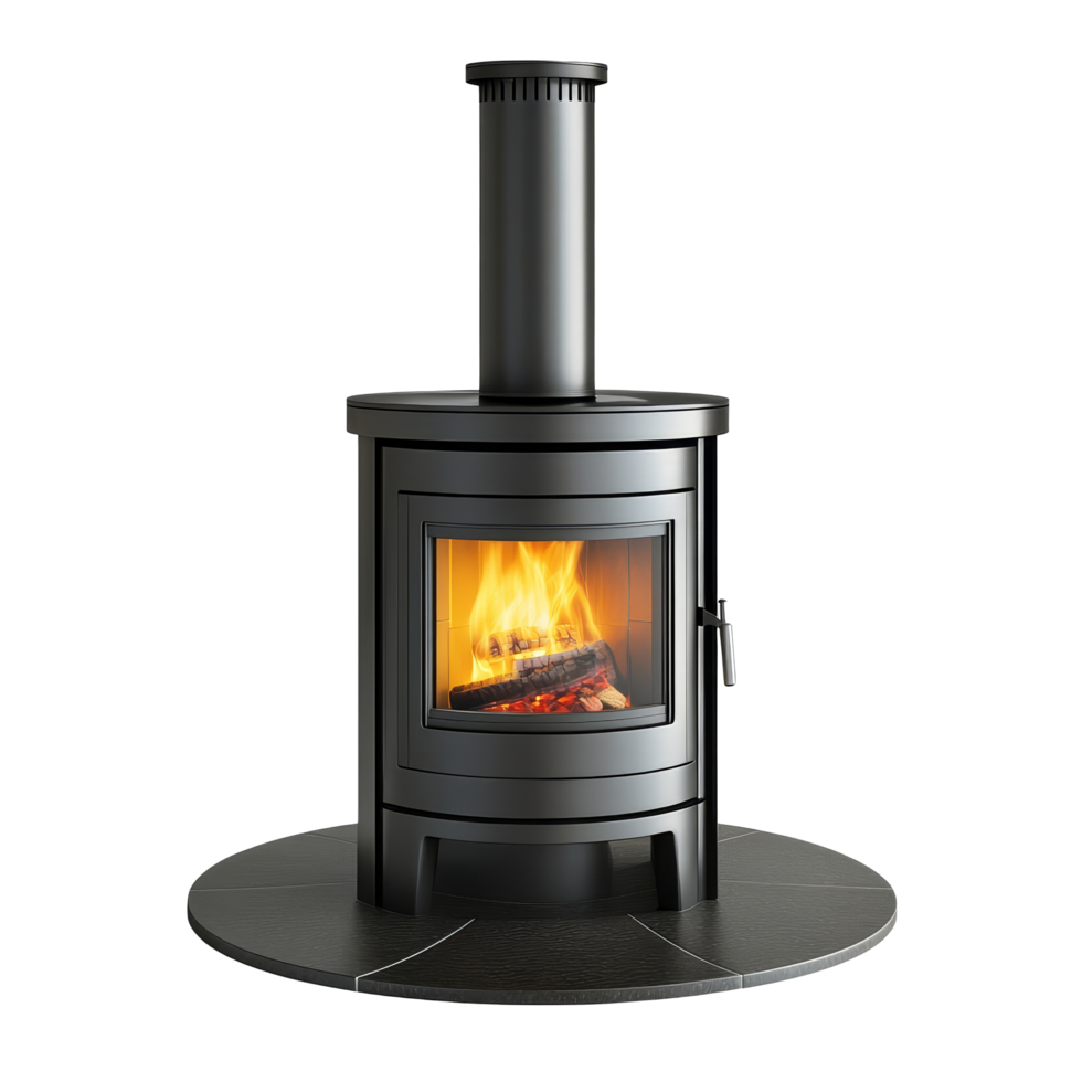 Modern wood burning stove designed for efficient heating and ambiance in indoor spaces during winter, Wood Burning Stove Isolated on transparent background png