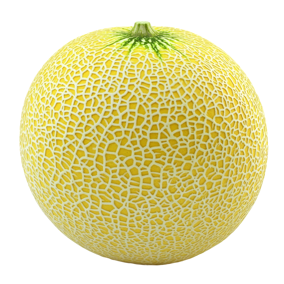 Fresh yellow cantaloupe melon against a clean transparent background showcasing its textured surface and vibrant color, yellow cantaloupe melon on transparent background png