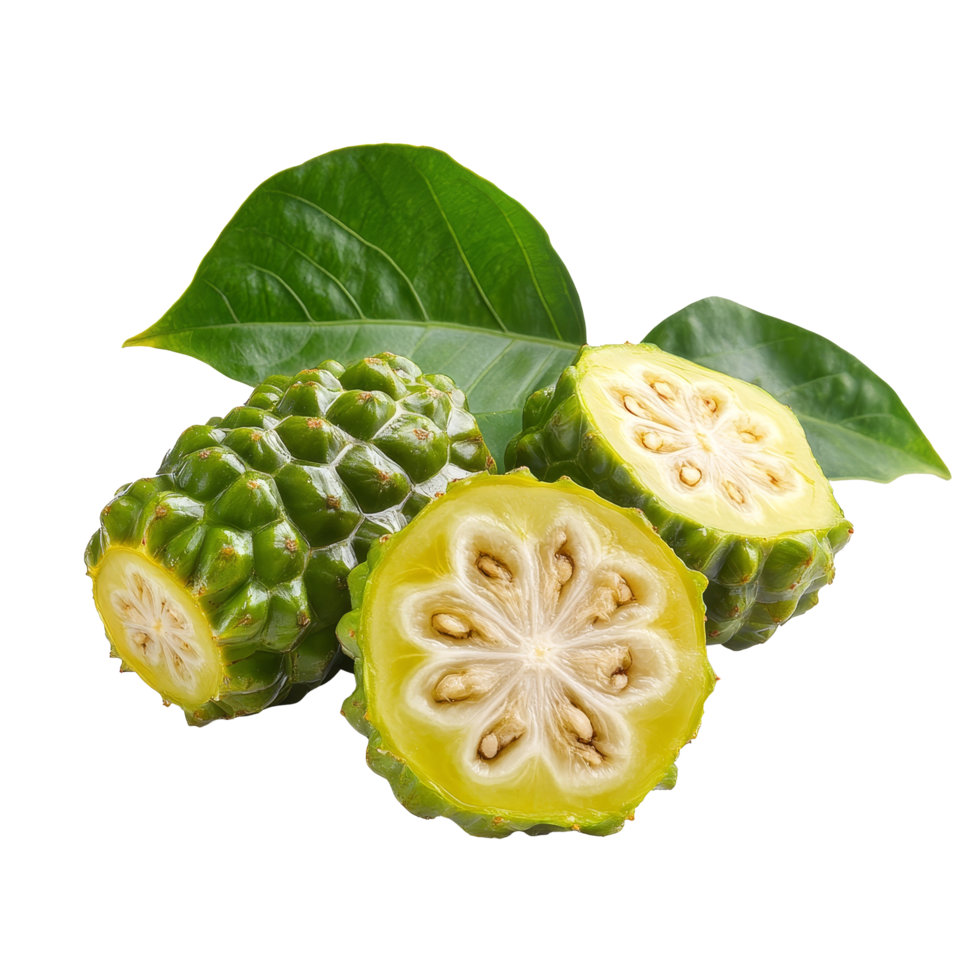 Noni fruit halves and leaves displayed against a clean transparent background showcasing their unique texture and appearance, Noni fruit on transparent background png