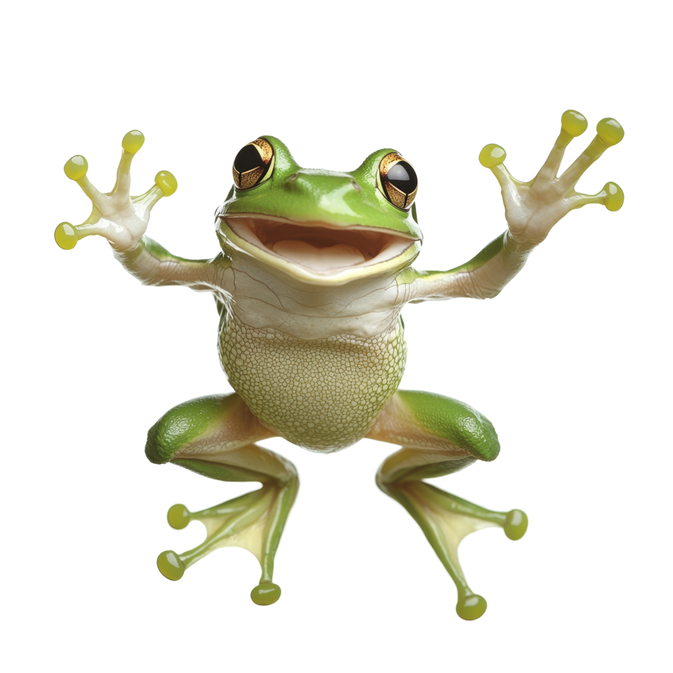 A joyful green frog leaps exuberantly against a bright transparent background showcasing its vibrant colors and playful spirit, happy jumping green frog isolated on transparent background png
