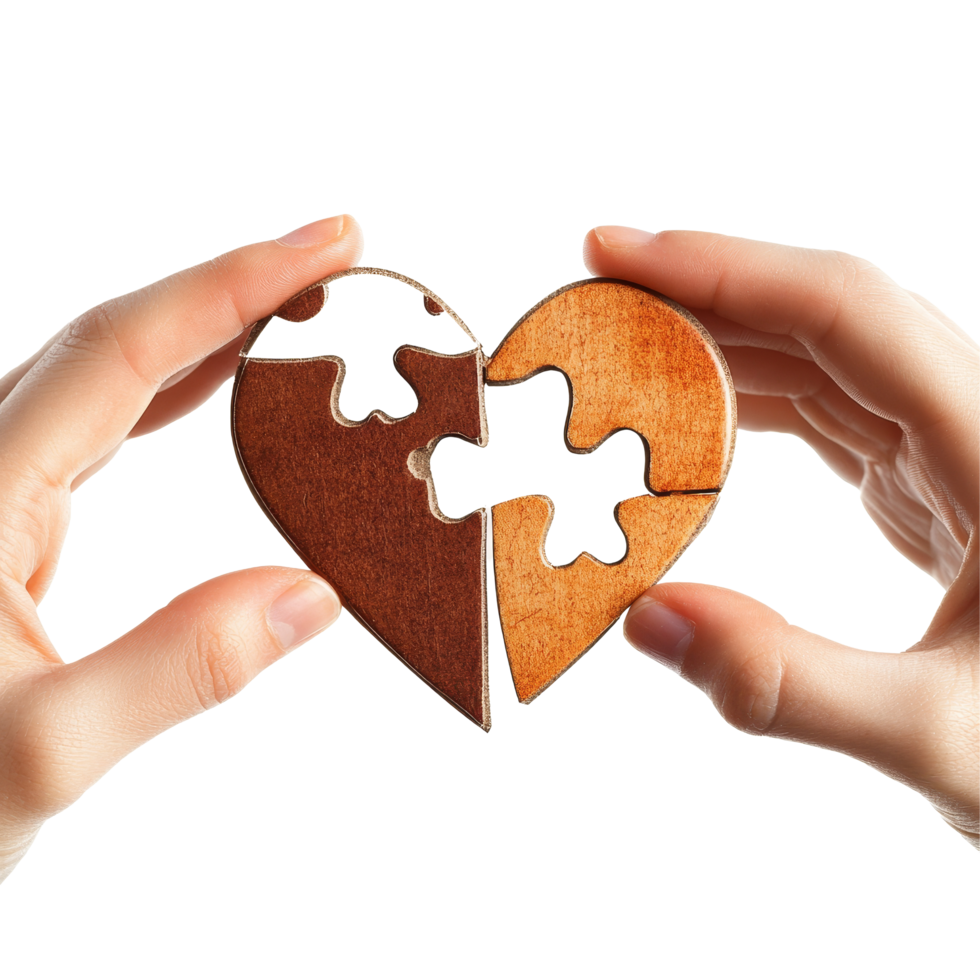 Hands connecting two pieces of a wooden puzzle heart against a transparent background, Hands matching two parts of puzzle heart, isolated on transparent png