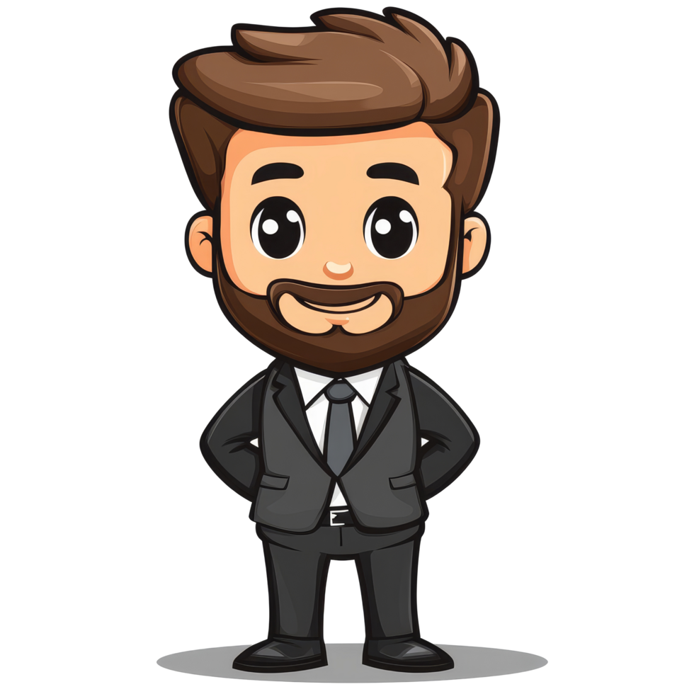 Cheerful businessman mascot cartoon in a smart suit over a transparent background ideal for branding and marketing messages, Businessman Mascot cartoon on transparent background png