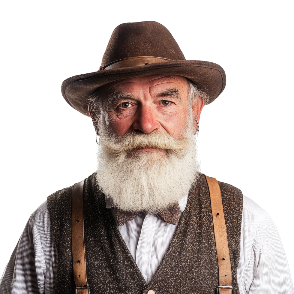 Traditional Bavarian man wearing a hat and vest, showcasing regional attire on a transparent background, traditional bavarian man isolated on a transparent background png