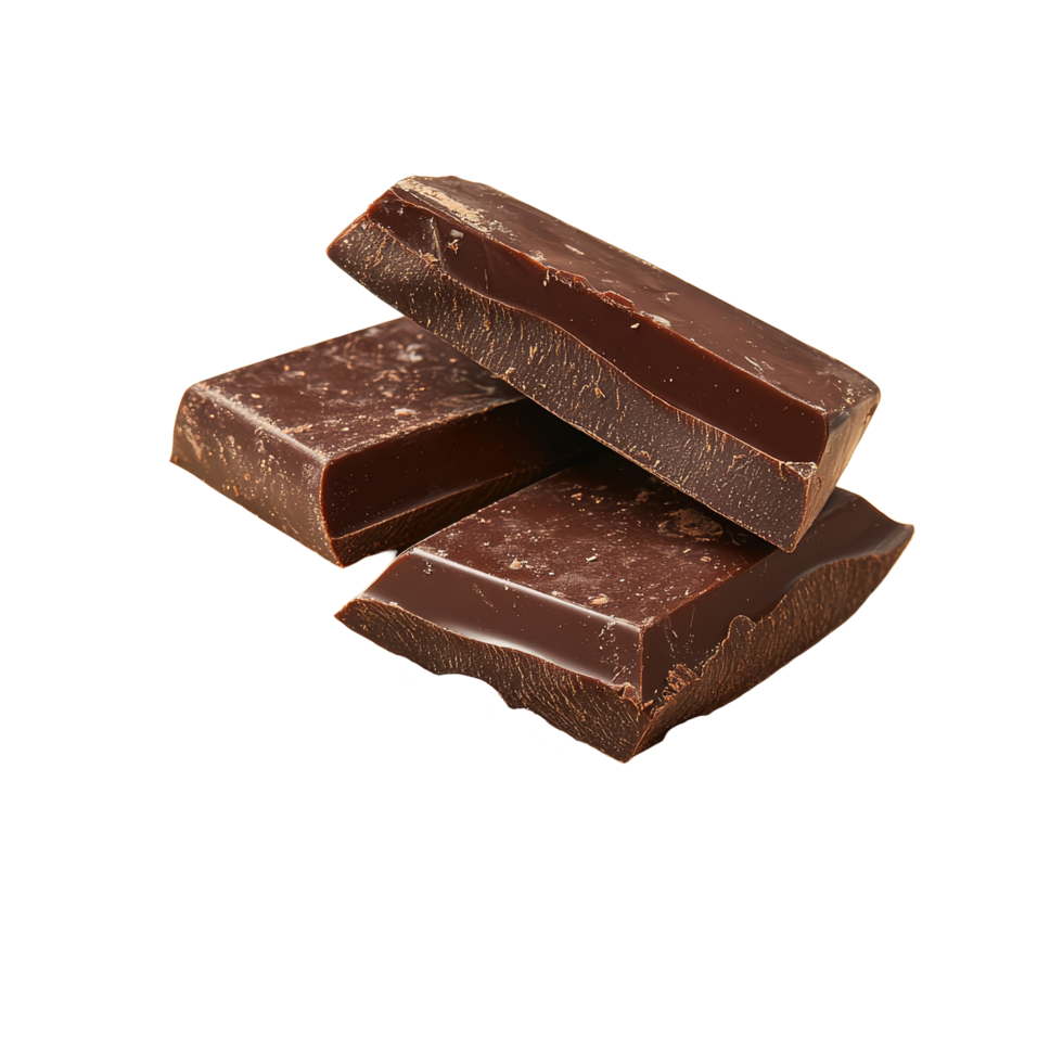 Rich dark chocolate pieces stacked on cocoa beans against a soft, pale background showcasing the exquisite texture, Cocoa isolated on alpha layer png