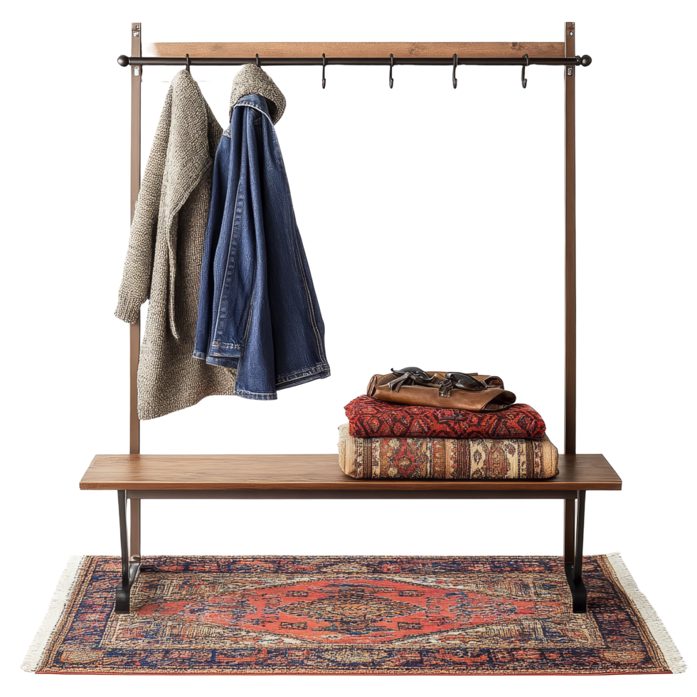 Coat rack with a stylish bench and decorative rug against a clean transparent background, ideal for organizing outerwear and footwear, Coat rack with bench and rug isolated on transparent background png