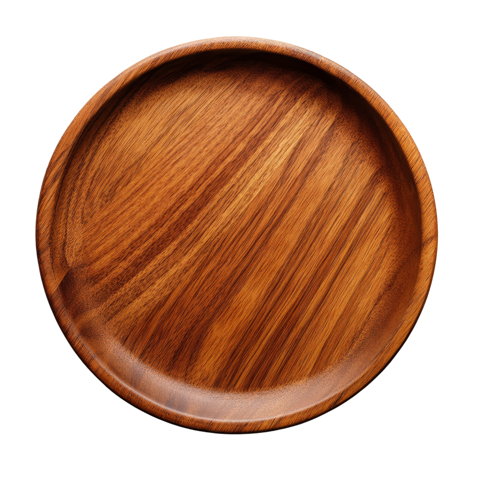 Elegant round wooden plate showcasing fine grain texture against a clean transparent background, wood plate on transparent backgroundfile png