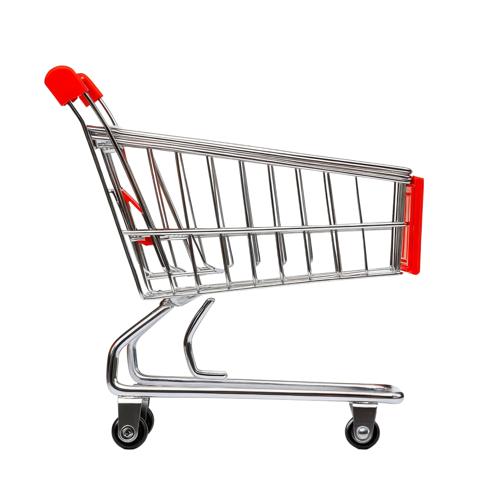 Empty shopping cart viewed from the side against a plain transparent background, side view of empty shopping cart png