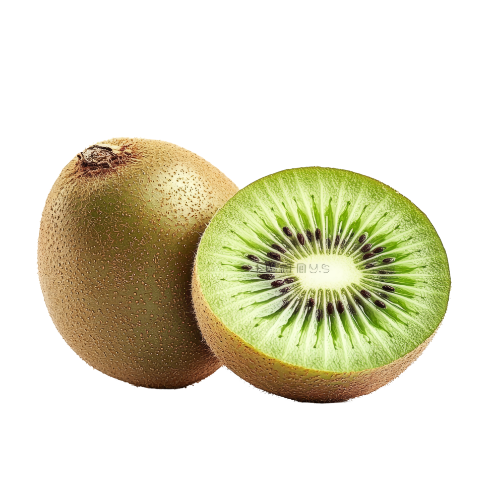 Fresh juicy kiwi fruit cut in half isolated on a transparent background, showcasing its vibrant green flesh and texture, Juicy kiwi fruit isolated on transparent background png