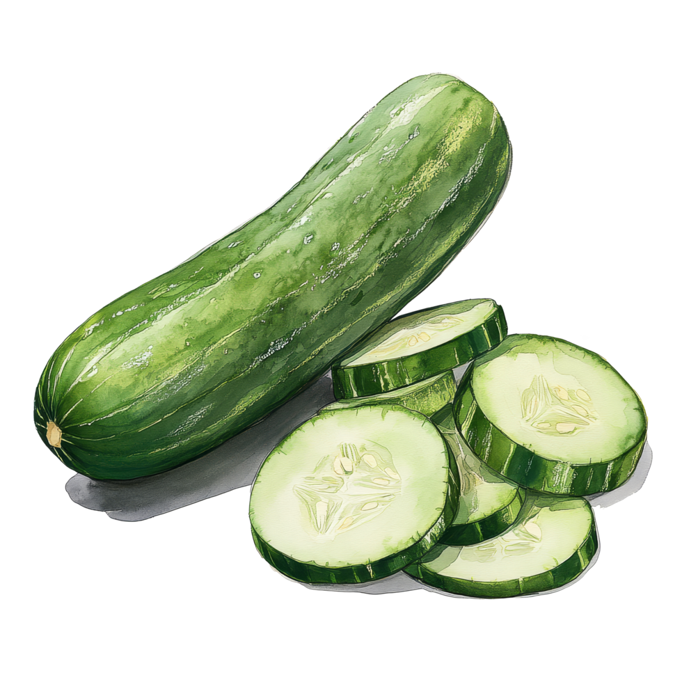 Fresh whole cucumber beside several thinly sliced pieces ready for a healthy salad preparation in a kitchen setting, Whole and slices cucumber png