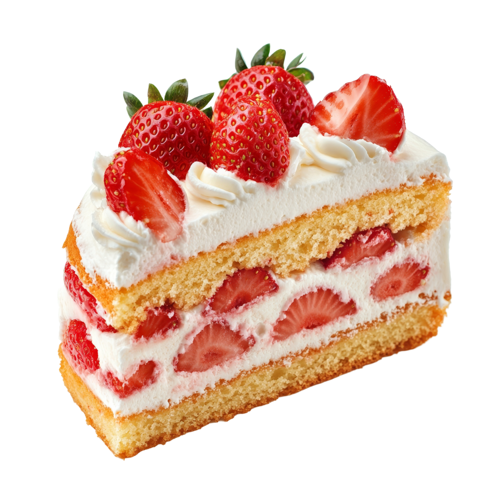 Deliciously layered strawberry sponge cake topped with fresh strawberries and creamy frosting in a bright setting, Isolated strawberry sponge cake with cheese cream png