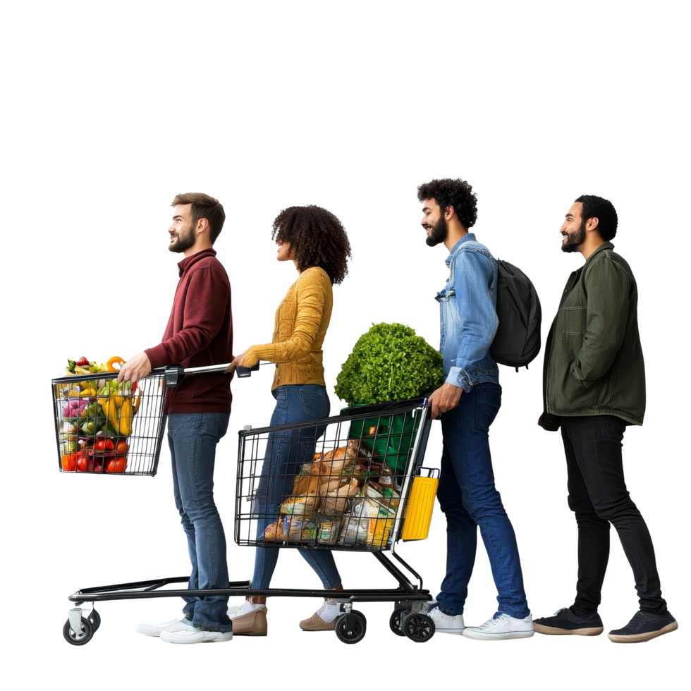 A diverse group of friends pushing shopping carts filled with groceries together in a modern store, diverse people pushing a shopping cart png