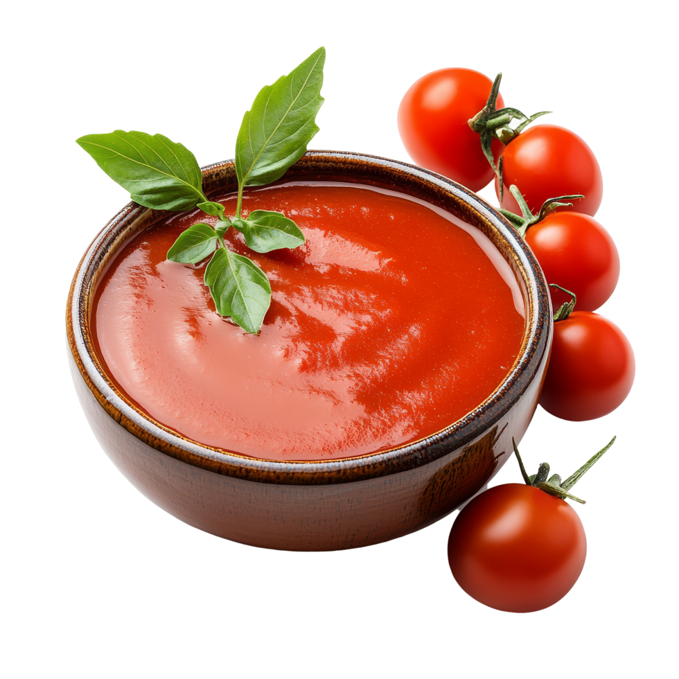 Fresh tomato sauce served in a bowl with ripe tomatoes and basil on a plain transparent background, tomato sauce isolated on transparent background png
