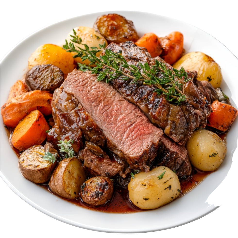 Delicious roast beef with seasoned vegetables served on a transparent plate ready for a satisfying meal, Isolated plate of roast beef with vegetables png