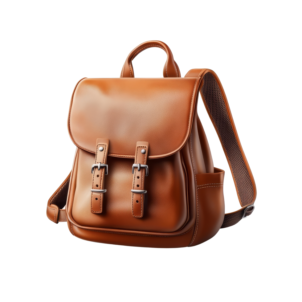 A classic brown backpack resting on a clean surface showcases its elegant design with sturdy buckles, classic brown backpack, file of isolated object with shadow on transparent background png