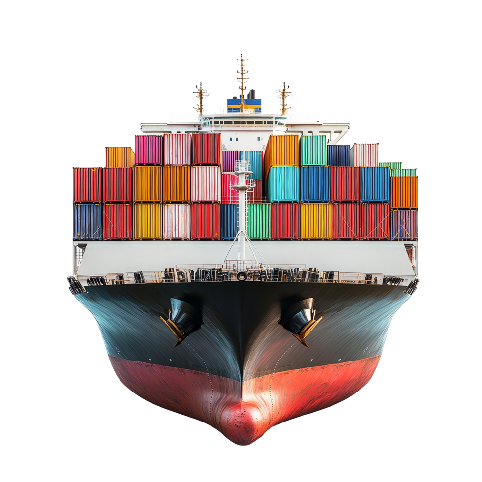 Container ship carrying vibrant cargo containers against a stark transparent background, showcasing maritime transport efficiency, container ship with cargo containers on transparent background png