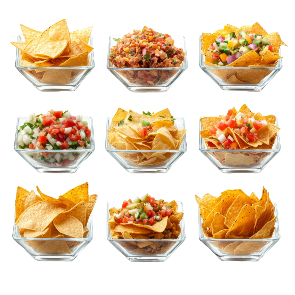 Delicious collection of nachos in square transparent bowls arranged on a transparent background perfect for parties or gatherings, ceramic bowl isolated on tansparent transparent background png
