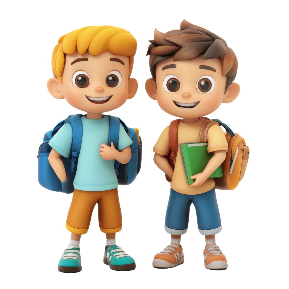 Cute cartoon student boys smiling together with backpacks and books in a friendly atmosphere, 3D Cartoon Character Cute Student Boys, Isolated transparent background png