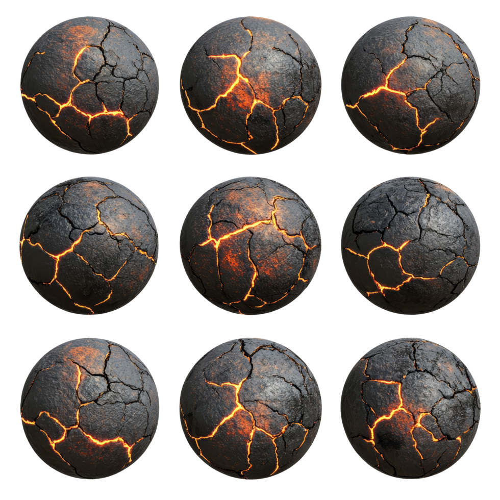 Charred celestial bodies resembling burnt planets with fiery cracks across their surfaces, Set Burnt Planets, Charred Celestial Bodies with Fiery Cracks, Isolated on transparent background png