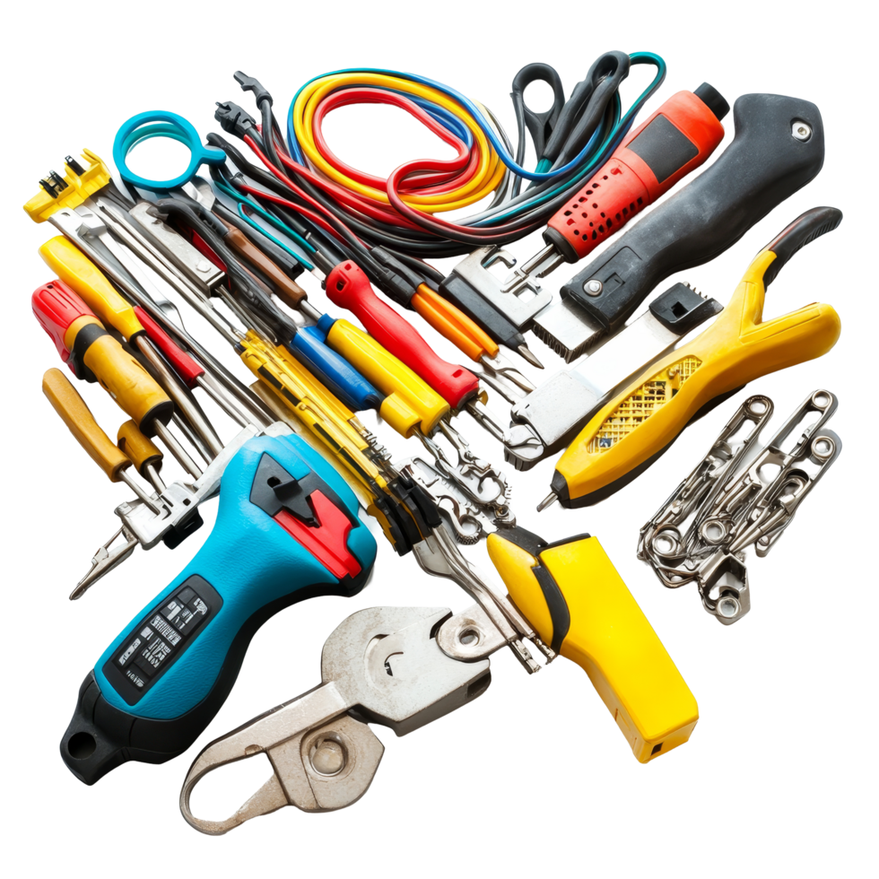 Essential electrician tools laid out on a transparent background for home and professional usage, Group of electrician tools isolated png