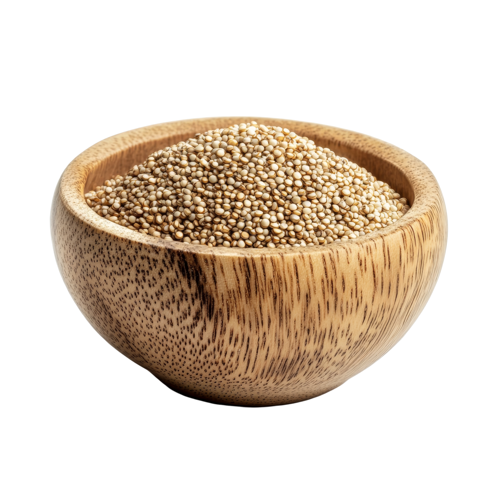 Quinoa seeds in a wooden bowl on a clean transparent background perfect for healthy eating and nutrition, Quinoa seeds in wood bowl isolated on transparent background png