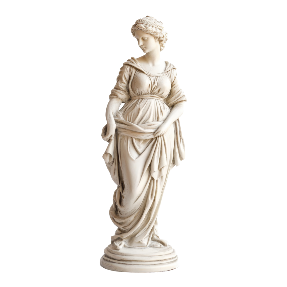 Elegant classical lady statue displayed against a pristine transparent background featuring intricate details and a timeless aesthetic, Classical Lady Statue on transparent background png