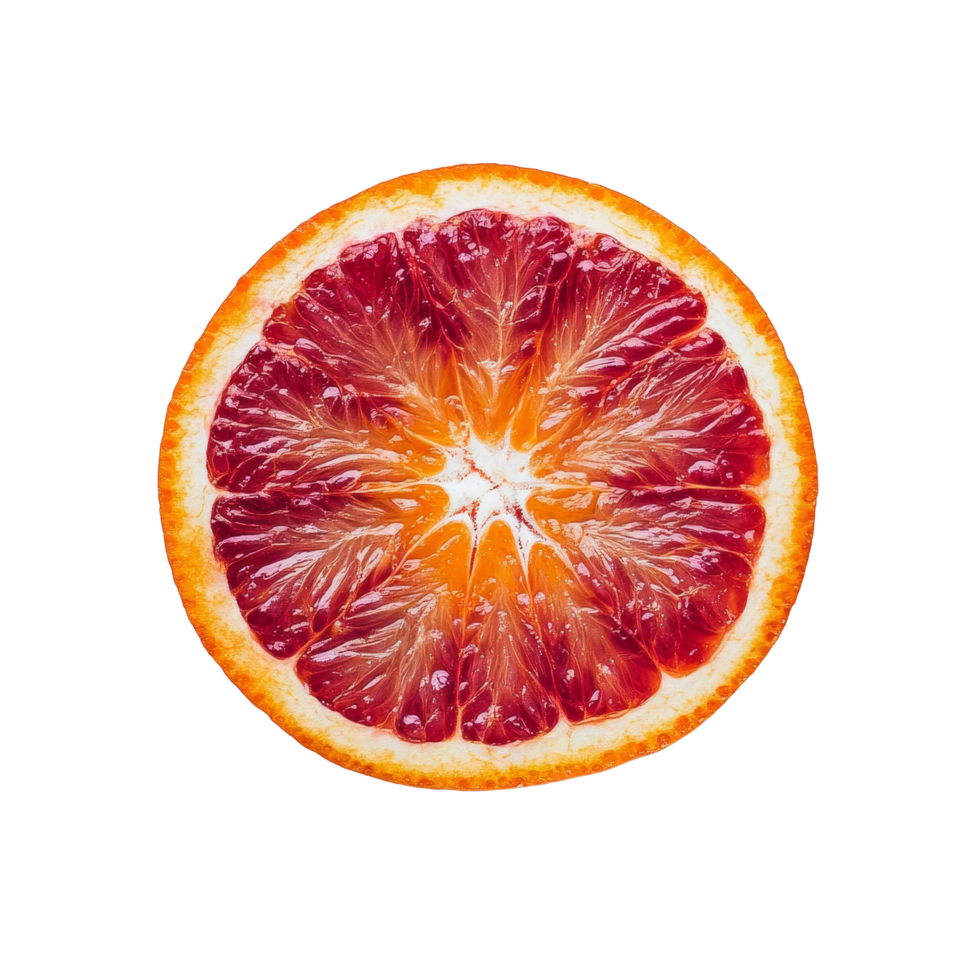 Half of a vibrant red blood orange resting on a clean transparent background, showcasing its juicy and textured interior, half red blood orange on transparent background png