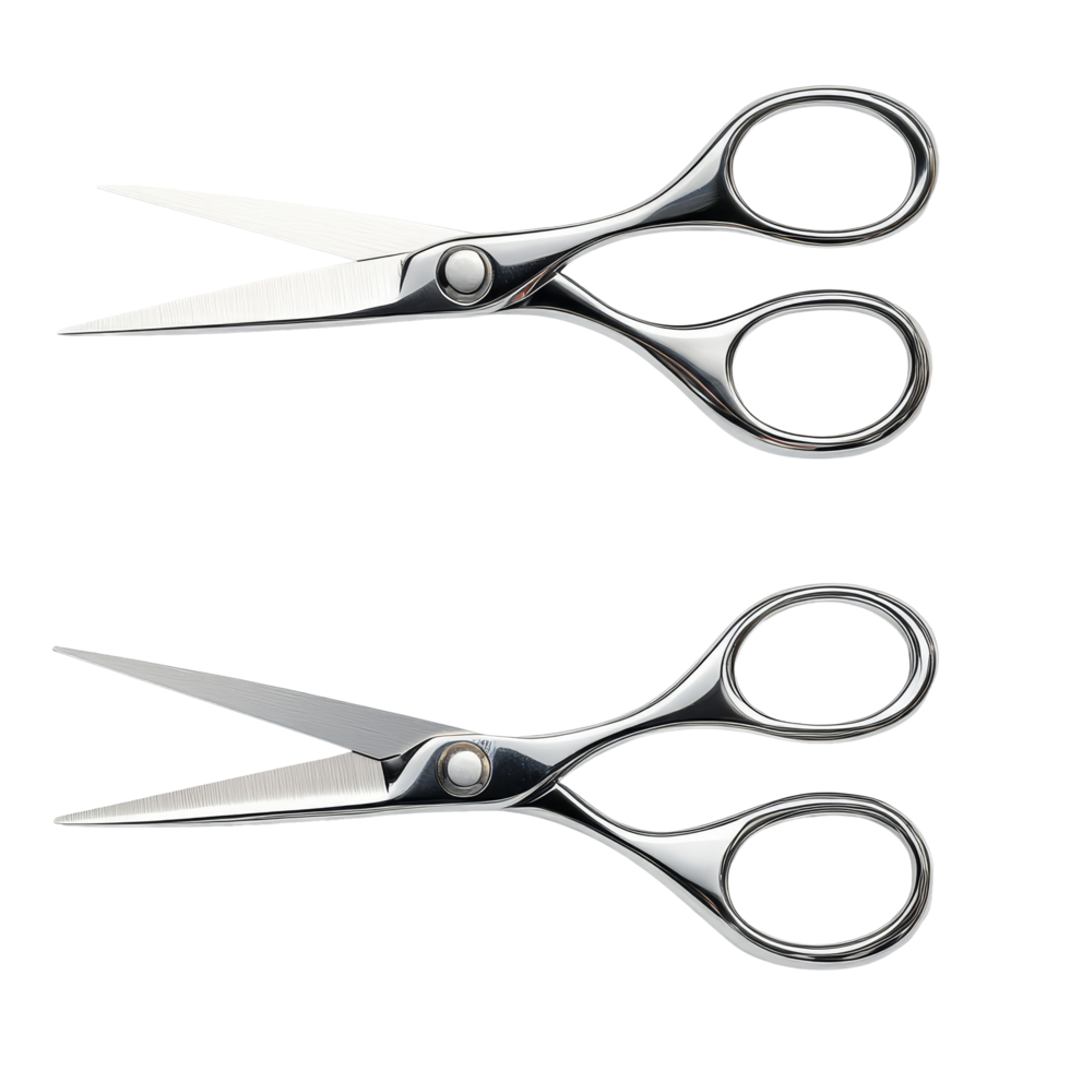 A detailed top view of open and closed scissors showcasing their design and functionality on a transparent background, Top view of open and closed scissors isolated on transparent background png