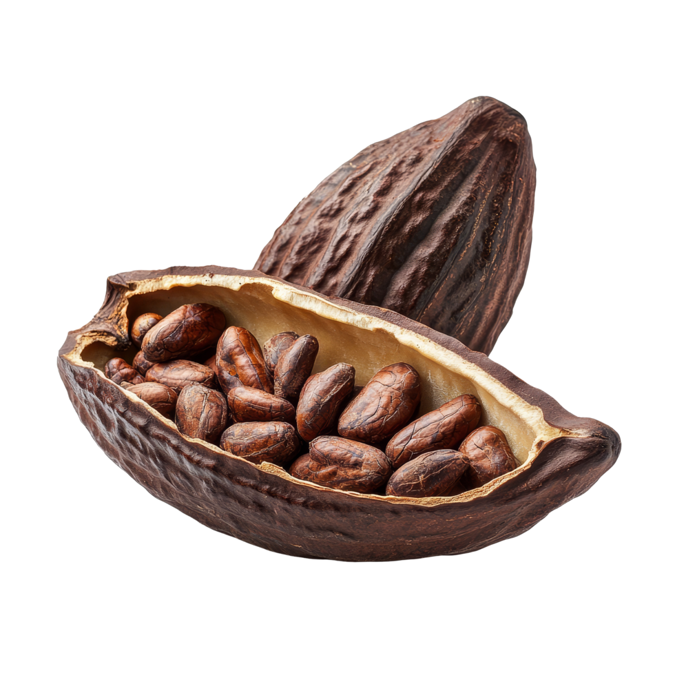 Cocoa pod with cocoa beans shown against a clean transparent background highlighting its natural texture and form, Cocoa pod isolated on transparent background png
