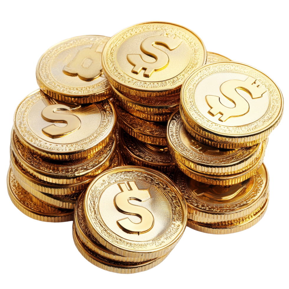 A collection of shiny gold coins stacked with a money sign representing wealth and prosperity in a sunny environment, Gold coins with money sign png