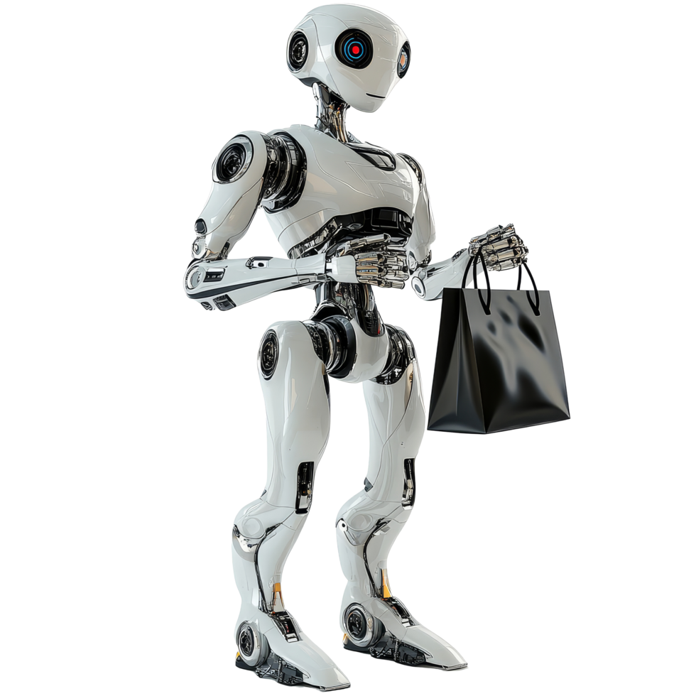 A futuristic shopping robot holding a bag stands in a minimalist setting with a bright background, Futuristic Shopping Robot Holding a Bag On transparent background png