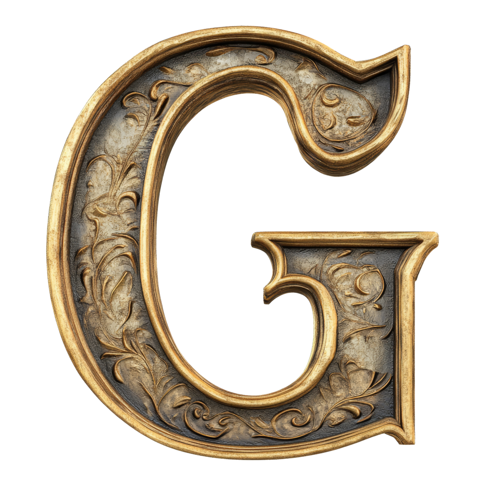 An ornate letter G with intricate carvings displayed on a transparent background, showcasing craftsmanship and artistic design, consonant letter g is used to make words on transparent backgroundfile png