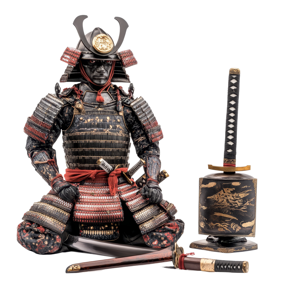 A detailed samurai armor set featuring a helmet, katana, and intricate design against a transparent background, Samurai Armor Set with Helmet and Katana, transparent background png