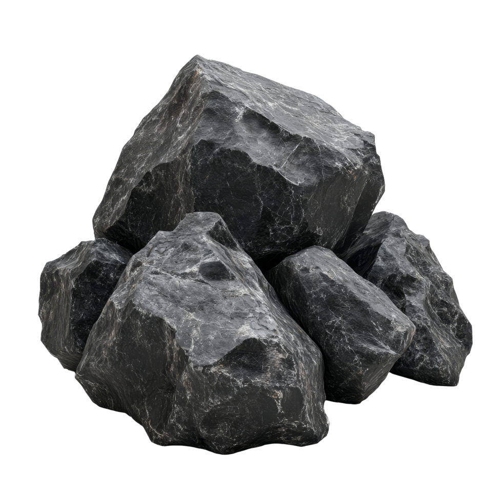 Unique black boulders on transparent background showcasing natural stone textures and formations, Big boulder black rocks on the ground, isolated on transparent background cutout png
