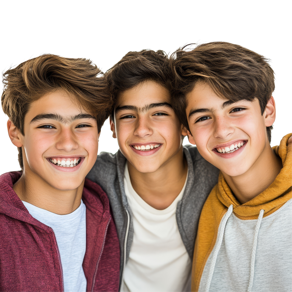 Three cheerful teenage boys posing together with bright smiles against a transparent background in a joyful moment, Three Happy Teen Boys Friends on transparent background png
