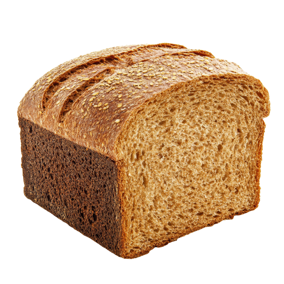 Whole wheat bread loaf isolated on a transparent background showcasing its texture and color variations, whole wheat bread isolated on transparent background png