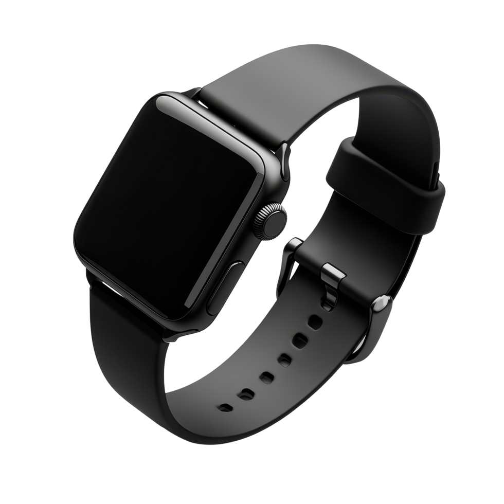 Sleek black wrist smartwatch mockup featuring a modern design, perfect for showcasing wearable, wrist smart watch mockup with black strap, file of isolated object with shadow on transparent background png